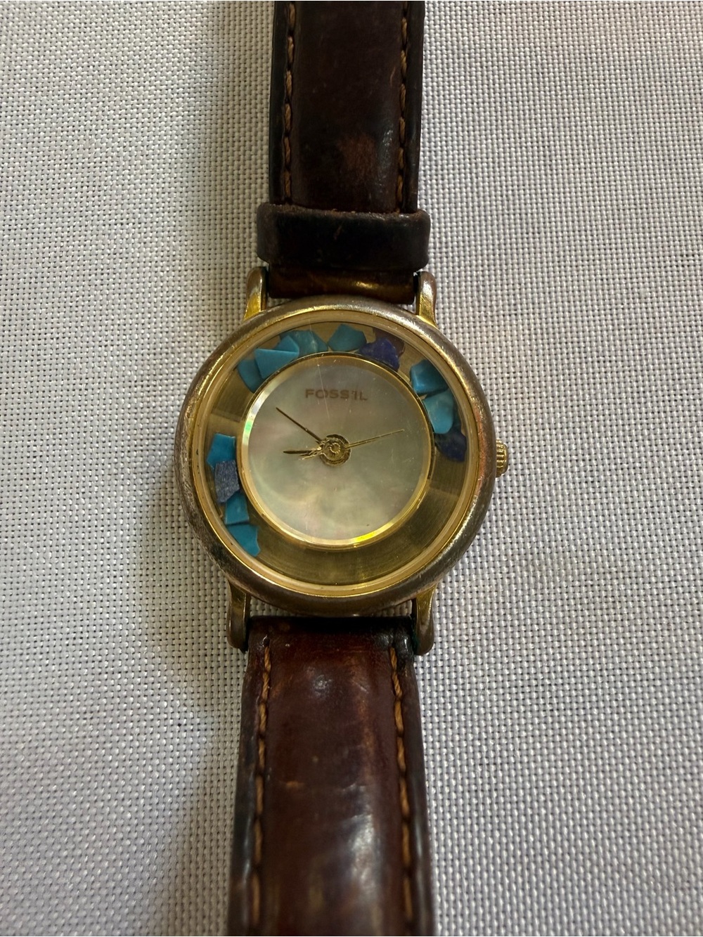 Vintage Fossil Womens Watch 28mm Mosaic Stone Bezel Leather PC-7024
